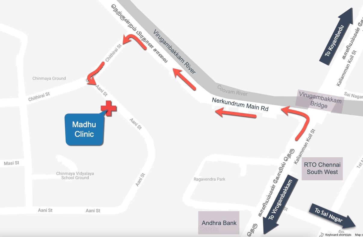 Map of Madhu Clinic located at 128, Aani St, Chinmaya Nagar Stage 2, Natesa Nagar, Virugambakkam, Chennai, Tamil Nadu 600092, India